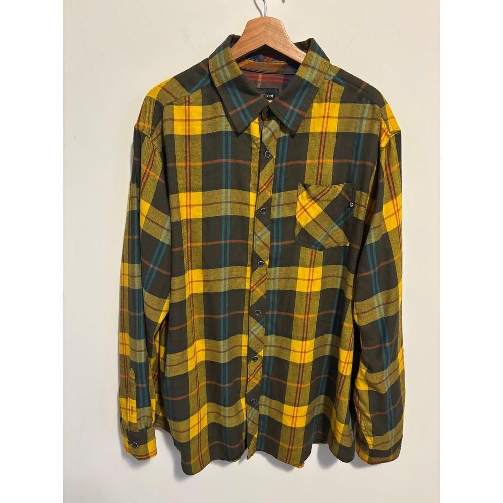 Marmot Mens XXL Yellow Olive Green Plaid Flannel Button Down Shirt Long Sleeve